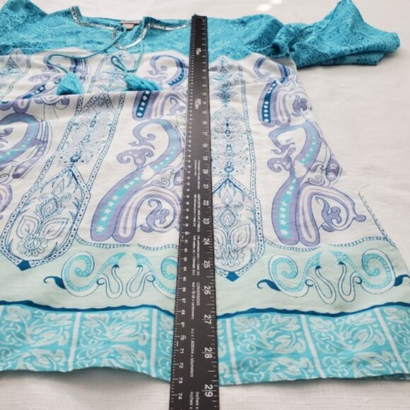 Chicos Lightweight Turquoise 3/4 Sleeve Boho Print Tunic Top Tassels Size M - Picture 7 of 9